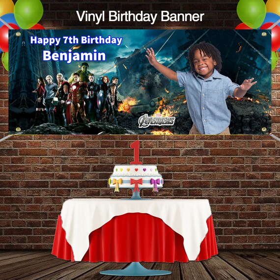 Make Their Party Epic With This Personalised Avengers Birthday Banner! Any Name, Featuring Captain America, Hulk, Iron Man, Thor. From Happy Hippo Party Supplies.