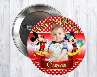 Custom Disney Micky Mouse Birthday Button, Personalized pin,  Micky Mouse Theme Party,