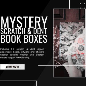 May include: Black and white graphic promoting "Mystery Scratch & Dent Book Boxes." The boxes include signed paperback books, artwork, and stickers. The image shows a hand holding a stack of books with various patterned covers, including a skeleton design and hearts.
