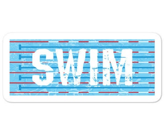May include: A blue and white sticker with red lines that says "SWIM" in white letters. The sticker is designed to look like a swimming pool lane.