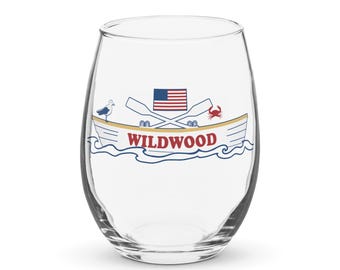 Wildwood, NJ Stemless wine glass with beach patrol boat design