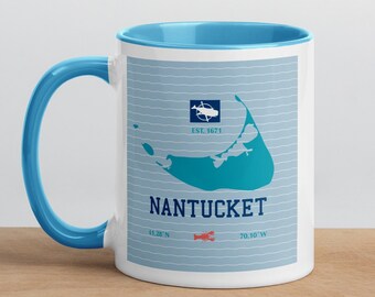 Nantucket Mug with Color Inside, Nantucket island map with art for souvenir gift or home