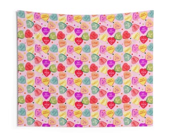 Candy Hearts Wall Tapestry for dorm, home decor, or gift - Valentine's day decoration and photo backdrop