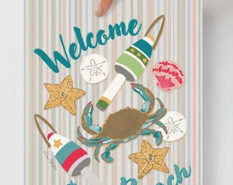 Welcome to the Beach Poster, crab and buoys, beach house print, coastal wall art