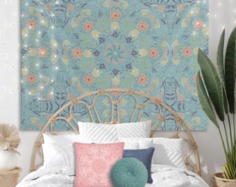 Floral blue boho mandala design indoor Wall Tapestry for dorm, home decor, or gift