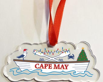 Cape May NJ beach boat cutout acrylic Christmas ornament New Jersey shore gift