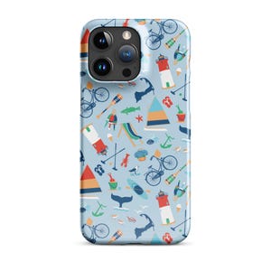May include: A blue iPhone case with a colorful pattern of lighthouses, sailboats, bicycles, and other nautical imagery.