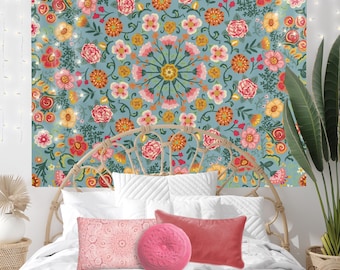 turquoise floral boho mandala design indoor Wall Tapestry for dorm, home decor, or gift