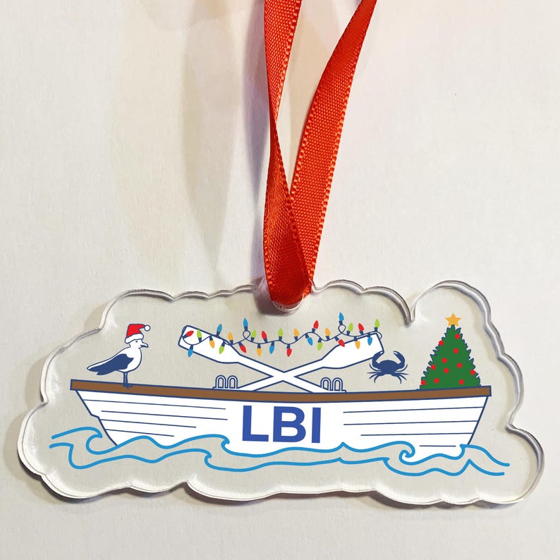 Long Beach Island, NJ beach boat  cutout acrylic LBI Christmas ornament