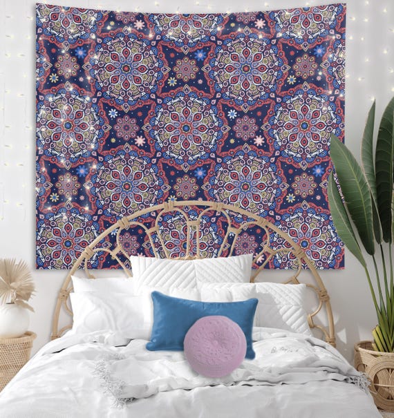 Blue and Pink Boho Indoor Wall Tapestry for Dorm, Home Decor, or