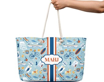 Beach Haven LBI New Jersey Mahjong Tote Bag with unique Avalon pattern. Customize with initials