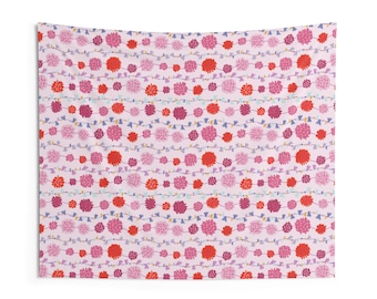 Wall Tapestry for dorm, home decor, or gift - pink pompoms and tassels strings
