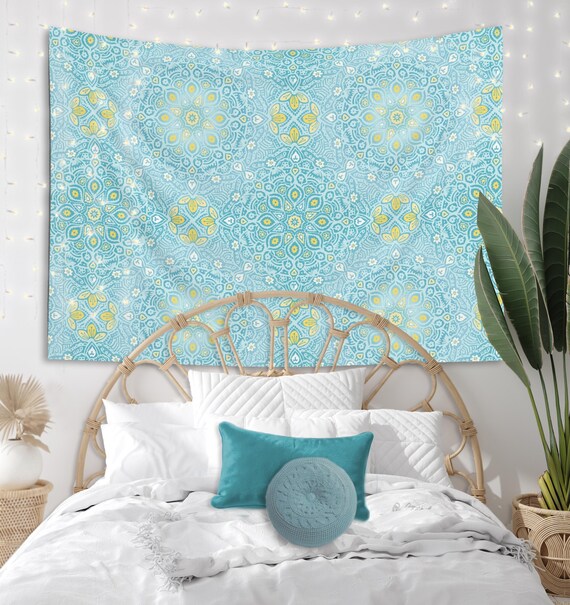 Light Blue and Yellow Mandala Boho Indoor Wall Tapestry for Dorm