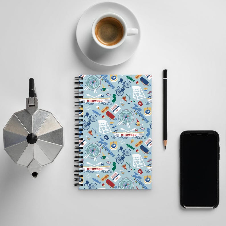 Wildwood NJ Spiral notebook with Wildwoods vacation icons beach theme gift, guest book