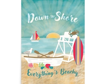 Down the Shore Art Print Poster, seagull and lifeguard boat with beach sunrise
