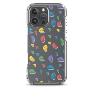 May include: Clear phone case with a repeating pattern of colorful climbing holds in shades of red, yellow, blue, green, and purple. The case is designed to fit a smartphone and has a clear, protective bumper.