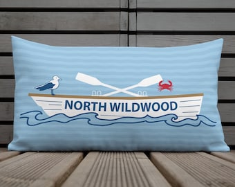 North Wildwood, NJ Premium lumbar shape Pillow with lifeboat on front, pattern on back