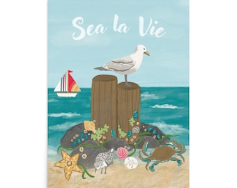 Sea La Vie Coastal Scene Art Print, Seagull on Jetty on Beach