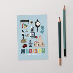 Cartão postal exclusivo de Madison com ilustrações de marcos icônicos de Madison, NJ, para anotações ou emolduramento