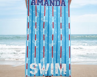 Badhandduk personlig present till simmare, lag, tränare. Anpassad namngiven poolhandduk, strandhandduk, siminstruktör, simlektionshandduk.
