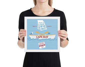 Cape May NJ Ingelijste grafische print, Cape May kunstprint souvenir of cadeau