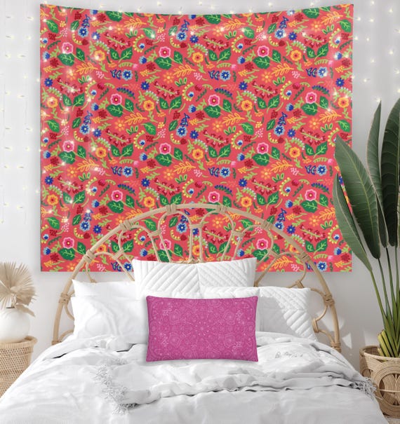 Folksy Floral Indoor Wall Tapestry on Coral Background for Dorm