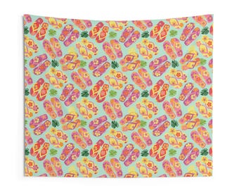 Wall Tapestry for dorm, photo backdrop, home decor, party decor -Hawaiian beach tropical tiki party flip flops