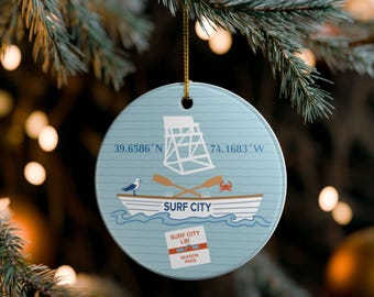 Surf City LBI NJ keramische decoratie kerstornament, aandenken vakantie NJ shore