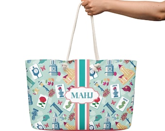Madison NJ Mahjong carrying tote bag with personalization monogram option. Bright version