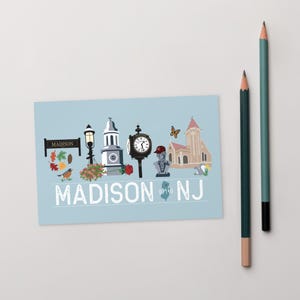 Cartão postal exclusivo de Madison com ilustrações de marcos icônicos de Madison, NJ, para anotações ou emolduramento