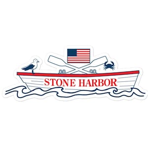 May include: A white and red boat with the words "STONE HARBOR" on the side. The boat is on a blue wave and has an American flag, two oars, a seagull, and a crab on it.