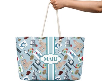 Madison NJ Mahjong carrying tote bag with personalization monogram option. Blue version