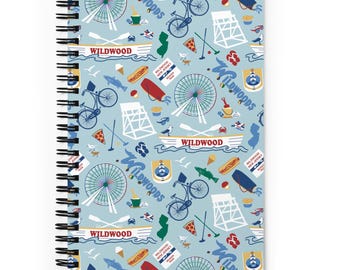 Wildwood NJ Spiral notebook with Wildwoods vacation icons beach theme gift, guest book