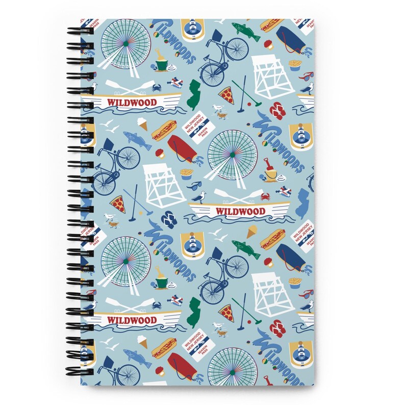 Wildwood NJ Spiral notebook with Wildwoods vacation icons beach theme gift, guest book