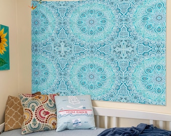 Blue boho mandala design Indoor Wall Tapestry for dorm, home decor, or gift
