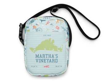 Martha's Vineyard, MA patterned Utility crossbody bag, MV Travel or beach purse with adjustable strap