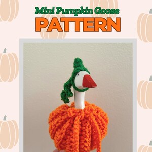 May include: A handmade goose figurine dressed in a crocheted orange pumpkin outfit and a green hat. The goose has a white head, a red beak, and orange feet. The image includes the text "Mini Pumpkin Goose PATTERN".