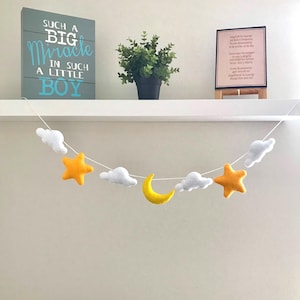 Felt Moon Cloud and Stars Garland, Nursery Room Decor, Playroom Wall Decor, Baby Shower Party Decor, Kids Room Decor, Felt Cloud Banner