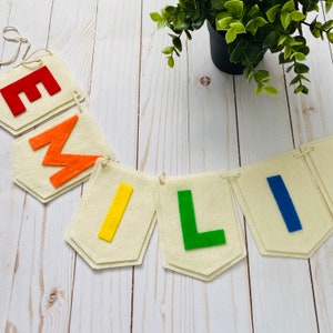 Faixa de feltro personalizada com nome, faixa personalizada para berçário, faixa de feltro para quartos de crianças, guirlanda de feltro com nome de arco-íris, guirlanda de letras personalizadas