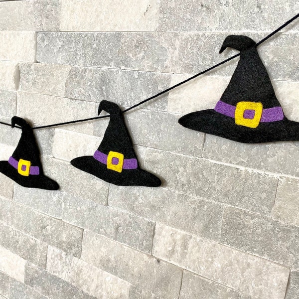 Halloween Felt Witch Hat Garland, witch hat garland, halloween party garland, halloween decor, nursery decor, spooky wall, felt witch hat
