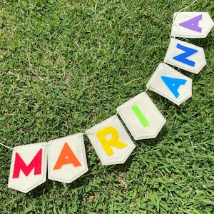 Pu&ograve; includere: Un banner fatto a mano che riporta il nome "MARIANA" in lettere di feltro colorate. Ogni lettera &egrave; di un colore diverso, attaccata a un gagliardetto di feltro di colore chiaro. Lo striscione &egrave; infilato su uno spago bianco sull'erba verde.