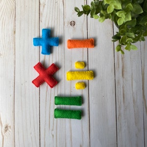 Felt math symbols, learning math, learning toys, addition sign, subtraction sign, equal sign, multiplication sign. division sign, homeschool