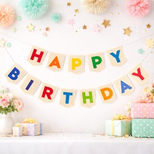 Pu&ograve; includere: Un festoso striscione con la scritta "HAPPY BIRTHDAY" in lettere colorate. Lo striscione &egrave; appeso su uno sfondo bianco, decorato con pompon, stelle e regali confezionati. Una decorazione allegra per una festa di compleanno.