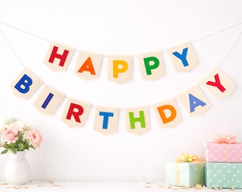 Happy Birthday Rainbow Banner, rainbow birthday felt banner, party decorations, happy birthday felt garland, birthday banner decorations