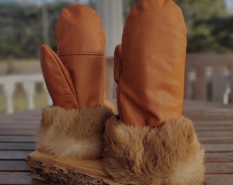 Genuine leather and rabbit fur mittens