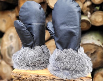 Leather and rabbit fur mittens