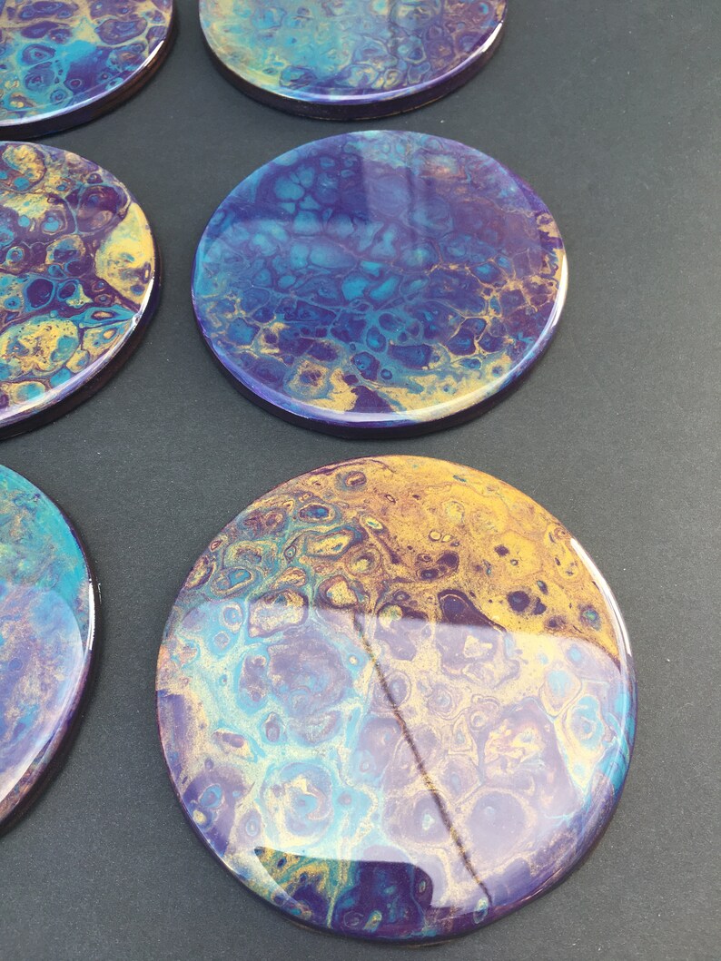 Set of Six Acrylic Paint Coasters Finished in Epoxy Resin. Purple