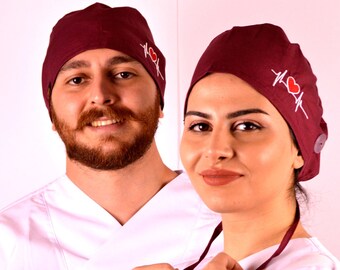 Solid Burgundy with White Ekg and Red Heart Embroidered Scrub Caps for women, Elegant Heartbeat Scrub Hat gift for nurses, Surgical Cap men