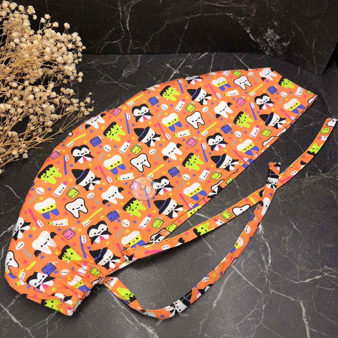 Orange Dental Halloween Scrub Caps, Bat Dental Scrub Hat, Tooth