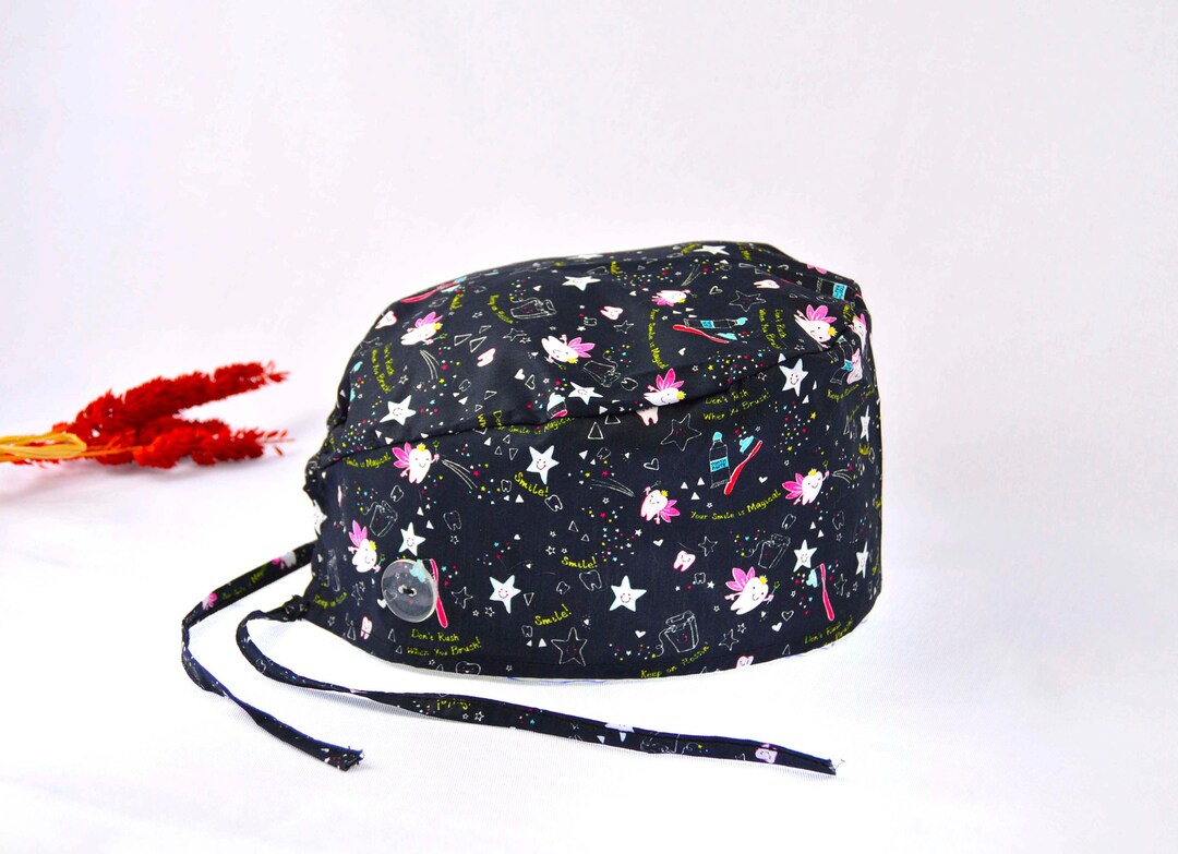 Black Tooth Fairy Dental Scrub Caps for Men, Tooth Surgical Cap Women, Unisex Dentist Scrub Hats